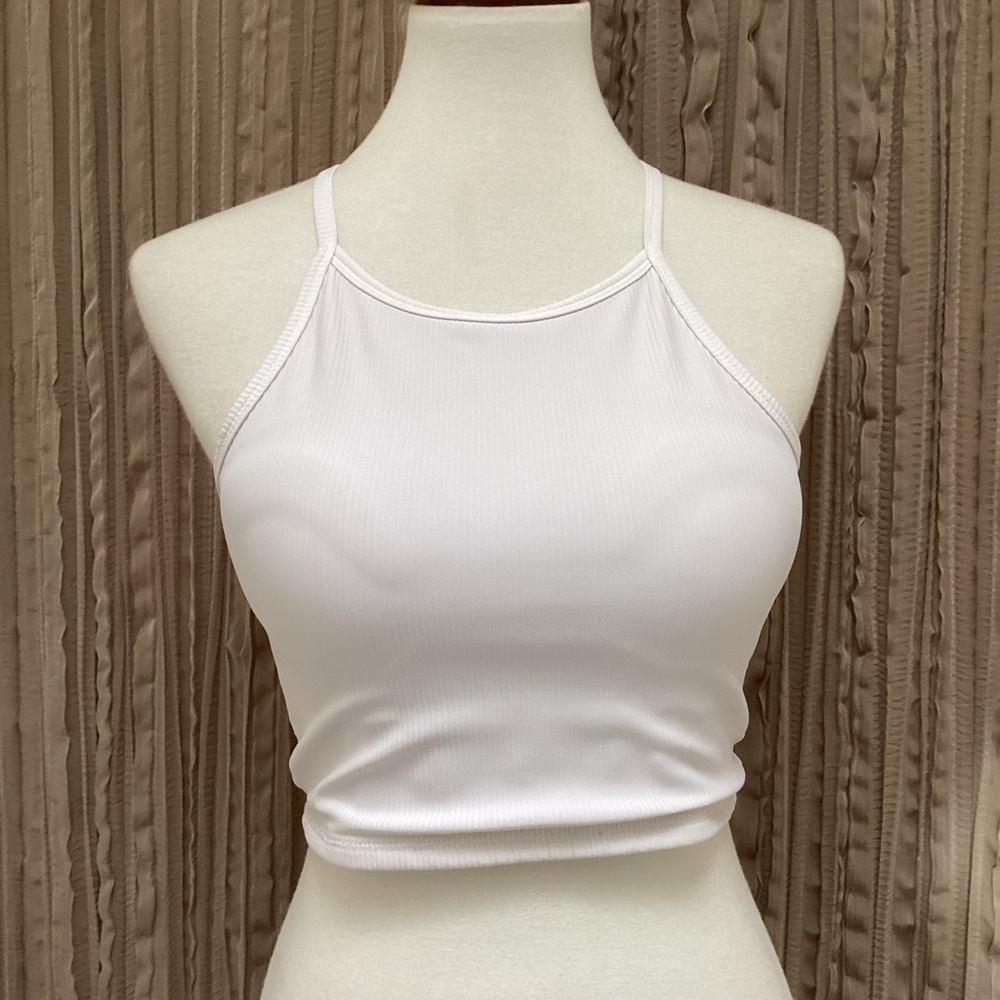 Laslulu White Ribbed Women's workout top, racerback, Medium